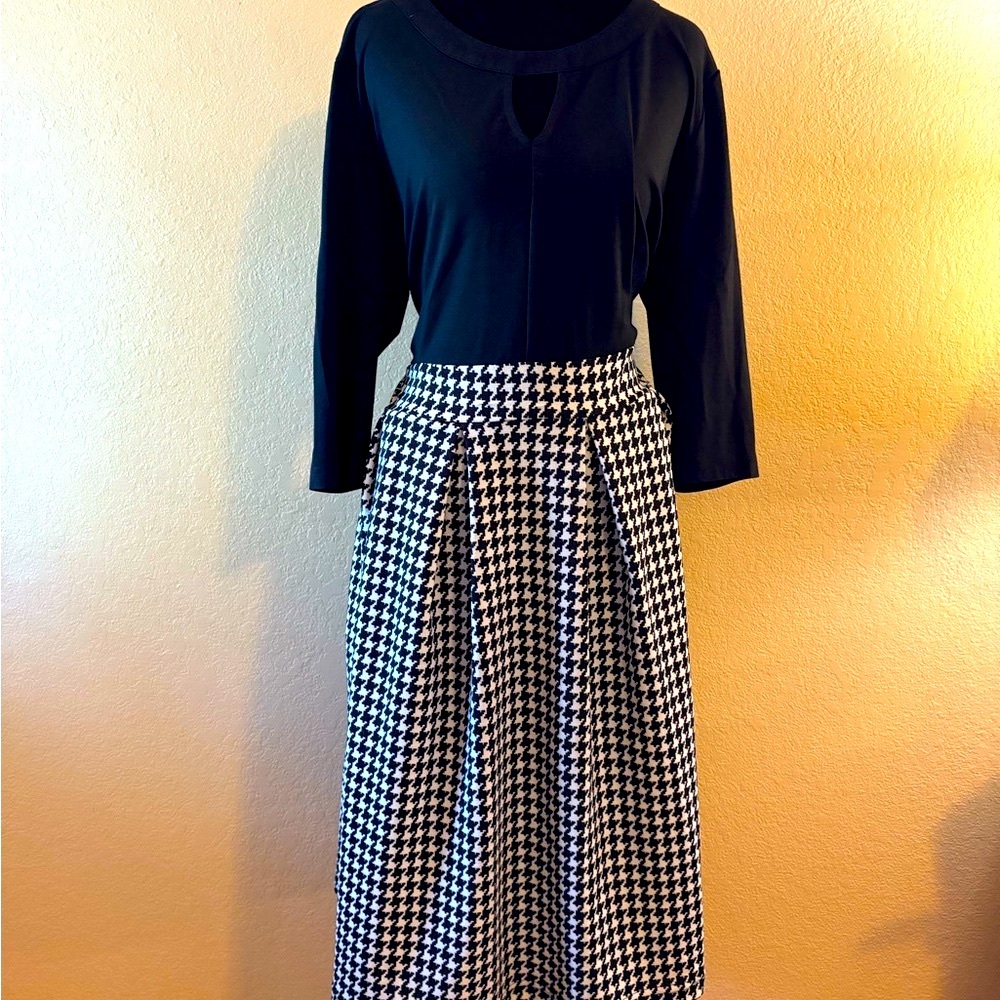 Black Top with Houndstooth Midi Skirt Dress - Classic Women's Outfit